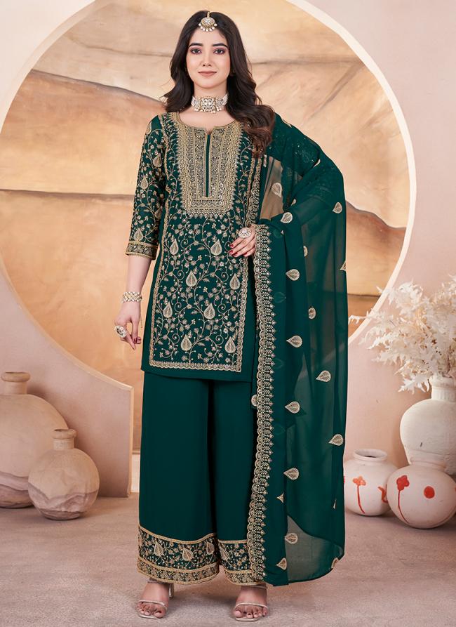 Geogette Green Ceremonial Wear Embroidery Work Readymade Plazzo Suit